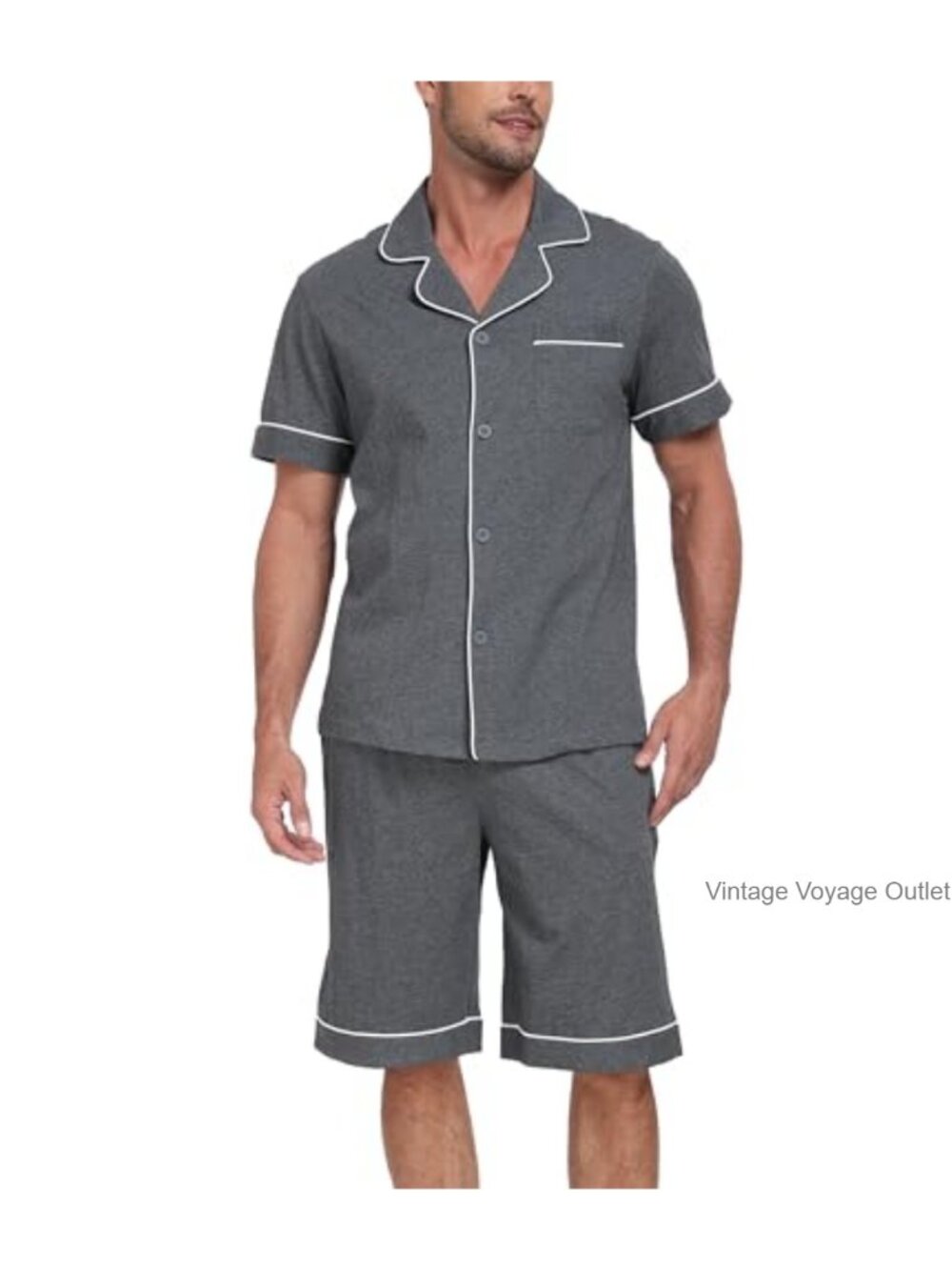 100% Cotton Men's Pajama Set - Short Sleeve Button Down Top & Shorts Lounge Set